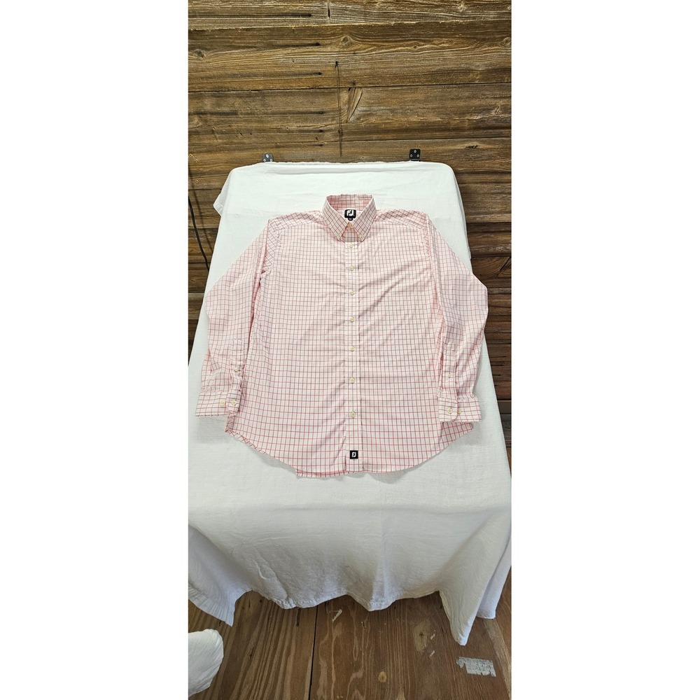FootJoy Mens XL Pink White Windowpane Check Long Sleeve Button Down Golf Shirt